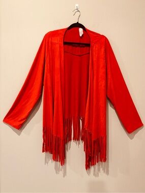 Lilypad Red Fringe Open-Front Cardigan Western Rodeo Fringe Chic Versatile Soft